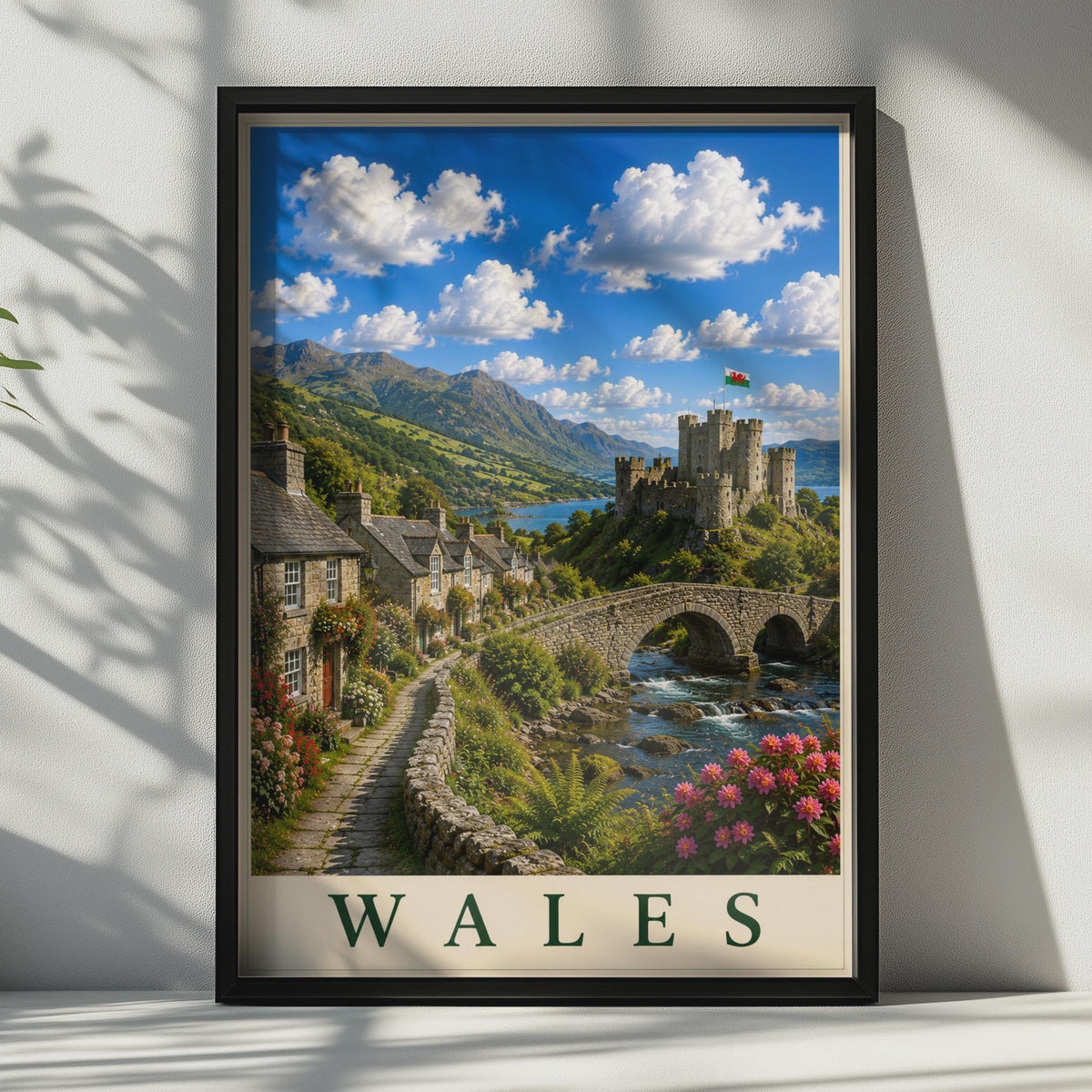 Wales Travel Poster, Welsh Castle Village Wall Art, Vintage Style UK Landscape Print, Gift