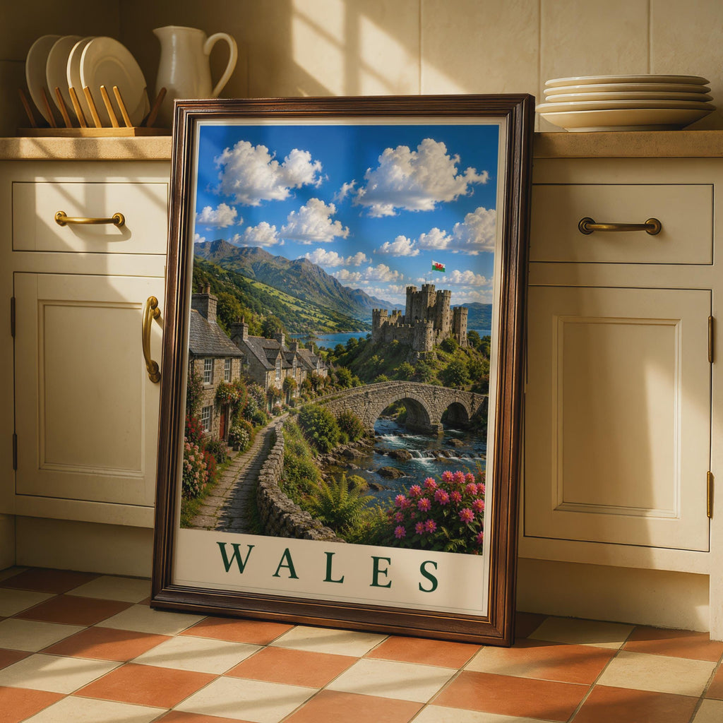 Wales Travel Poster, Welsh Castle Village Wall Art, Vintage Style UK Landscape Print, Gift
