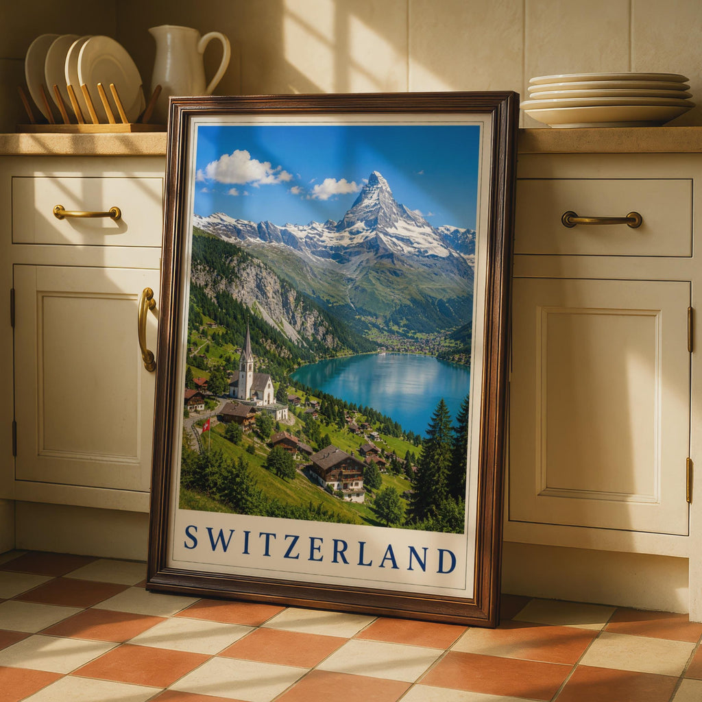 Switzerland Travel Poster, Alpine Village Lake Matterhorn Wall Art, Swiss Mountains Retro Print