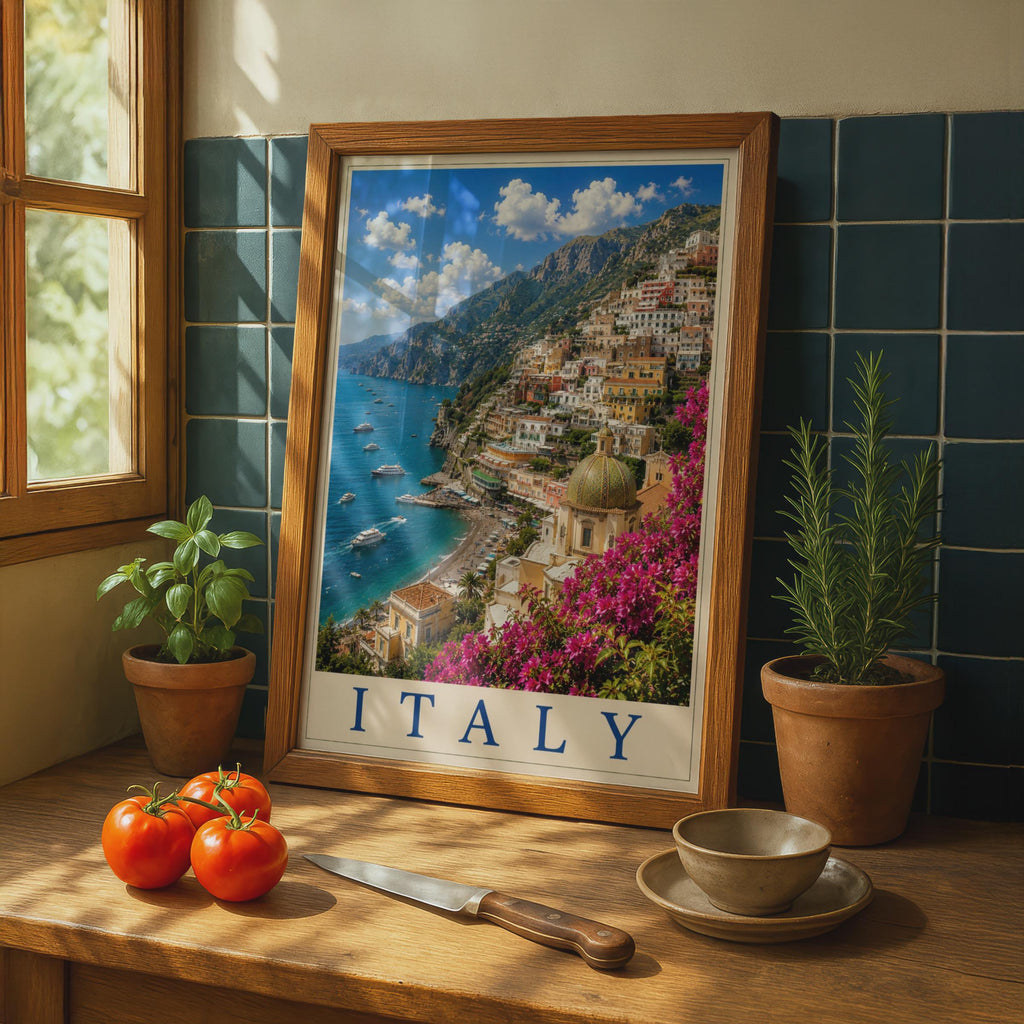 Italy Positano Amalfi Coast Travel Poster, Italian Coastal Wall Art, Mediterranean Print