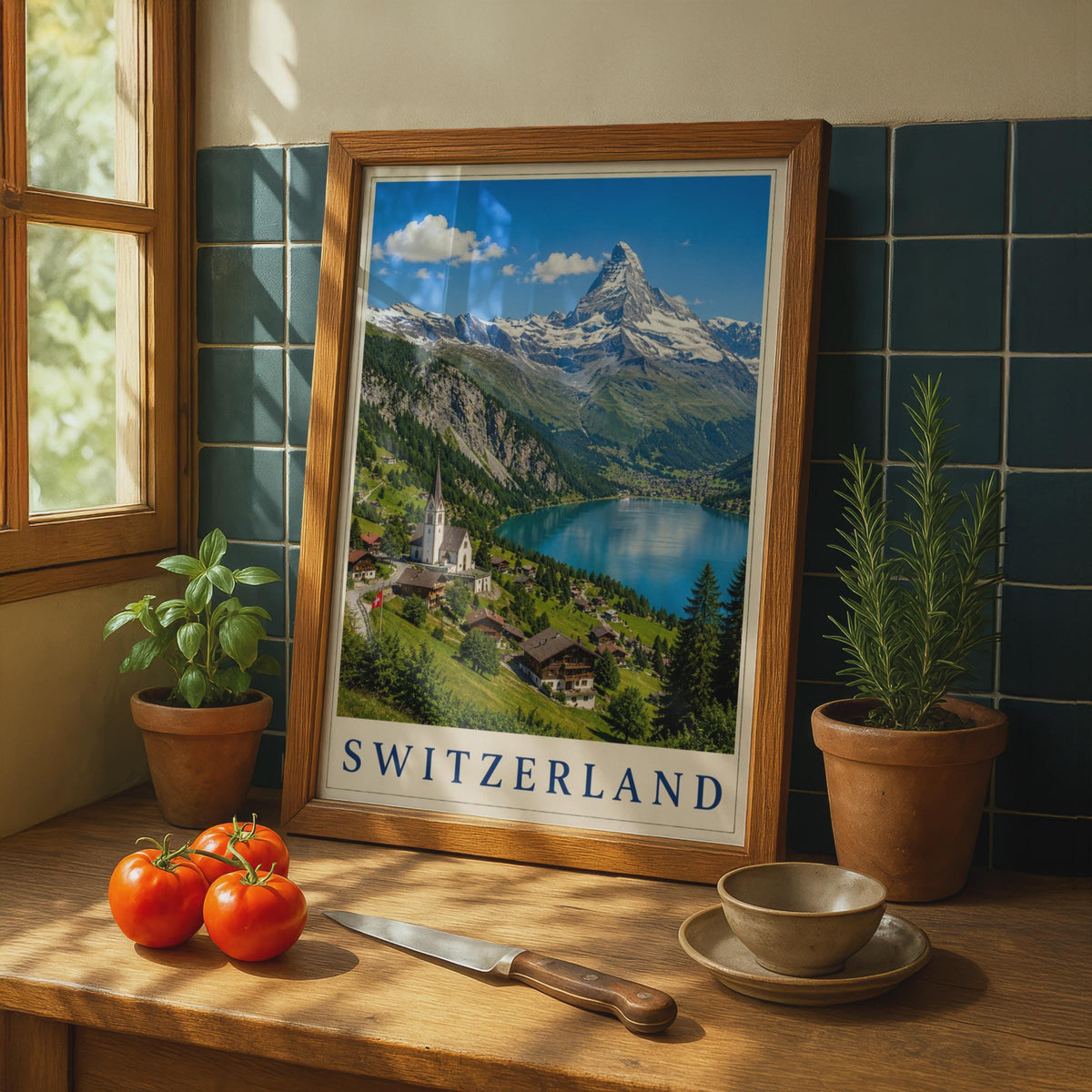 Switzerland Travel Poster, Alpine Village Lake Matterhorn Wall Art, Swiss Mountains Retro Print