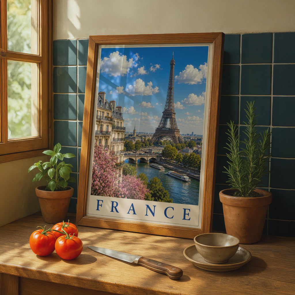 Paris France Travel Poster, Eiffel Tower Seine River Wall Art, French City Print