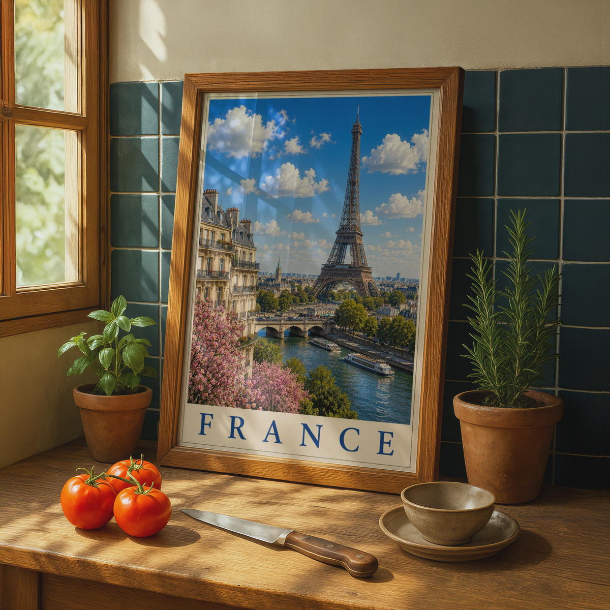 Paris France Travel Poster, Eiffel Tower Seine River Wall Art, French City Print