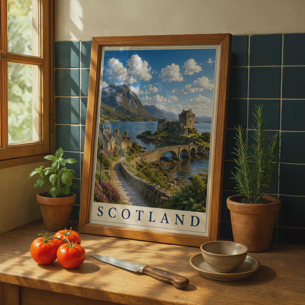 Scotland Castle Poster, Scottish Highlands Travel Wall Art, Eilean Donan Loch Print, Gift