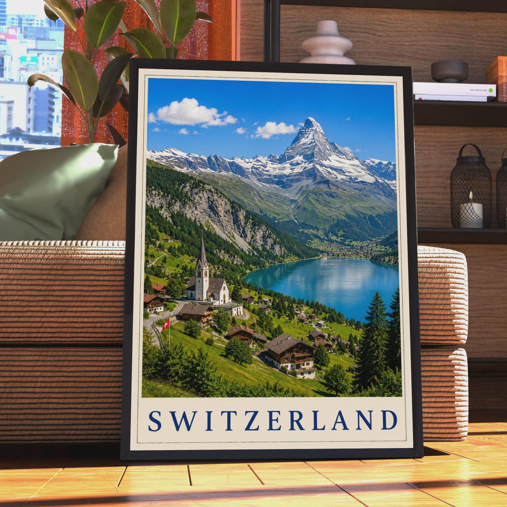 Switzerland Travel Poster, Alpine Village Lake Matterhorn Wall Art, Swiss Mountains Retro Print