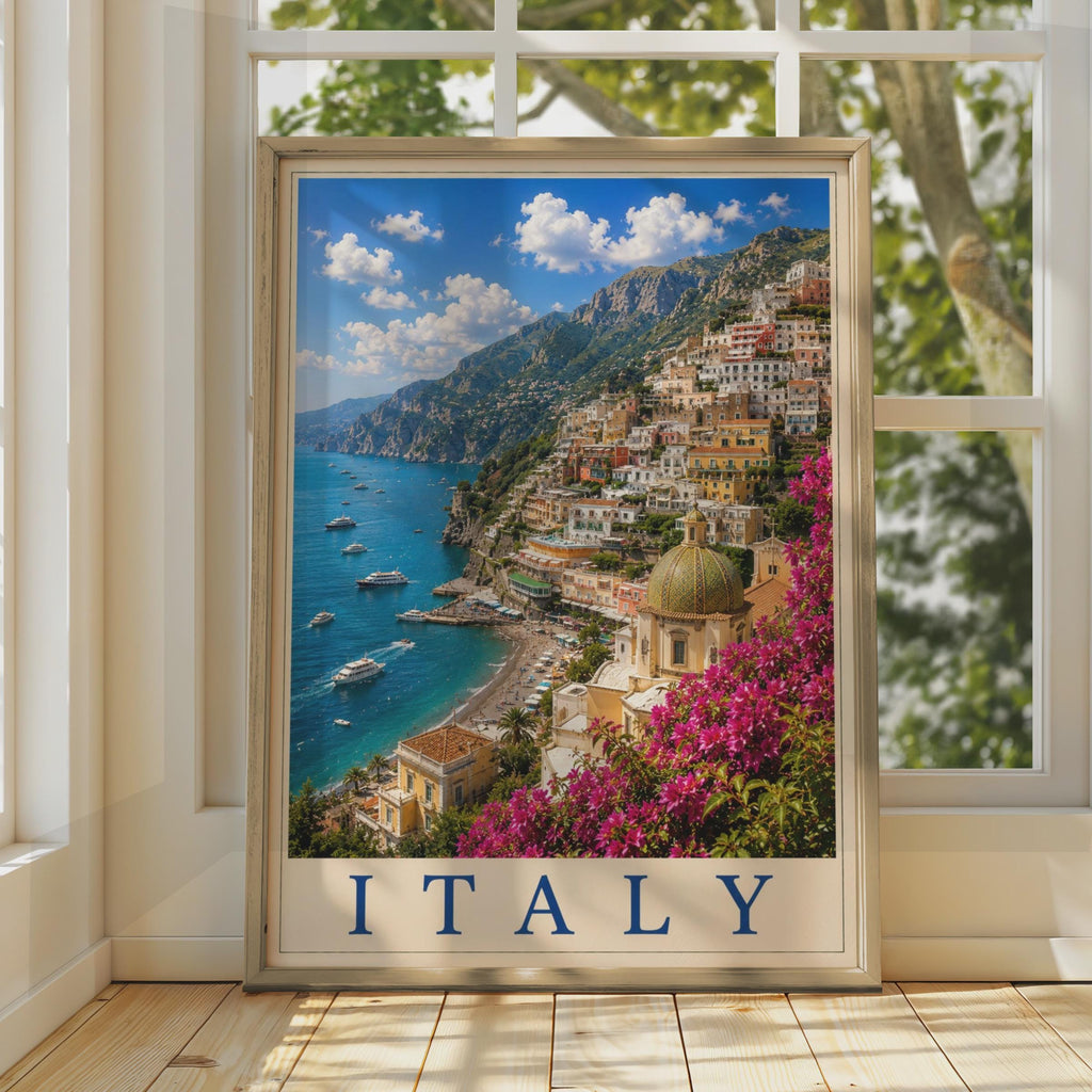 Italy Positano Amalfi Coast Travel Poster, Italian Coastal Wall Art, Mediterranean Print
