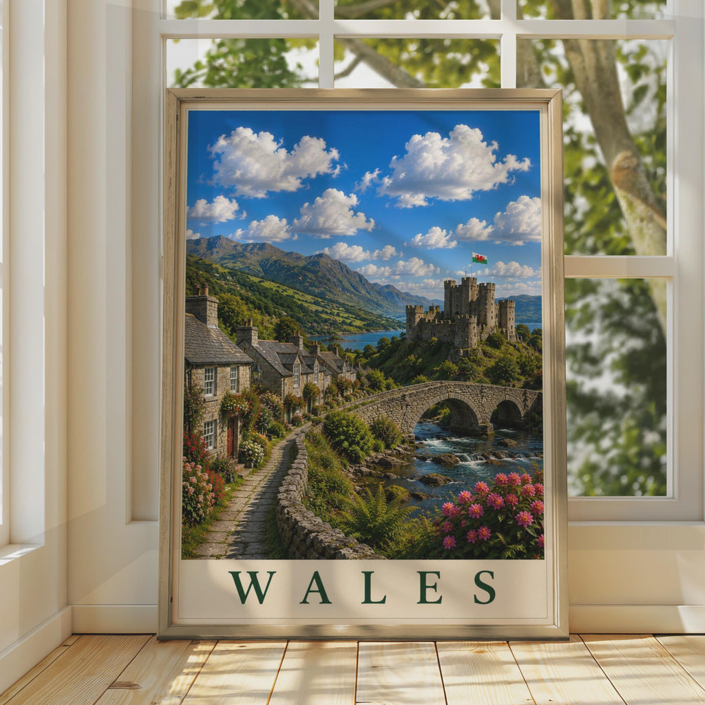 Wales Travel Poster, Welsh Castle Village Wall Art, Vintage Style UK Landscape Print, Gift