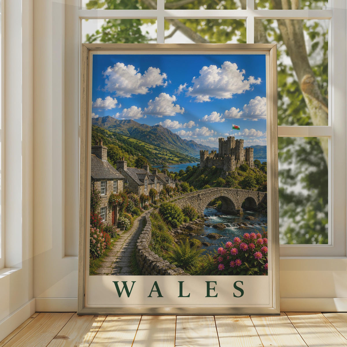 Wales Travel Poster, Welsh Castle Village Wall Art, Vintage Style UK Landscape Print, Gift