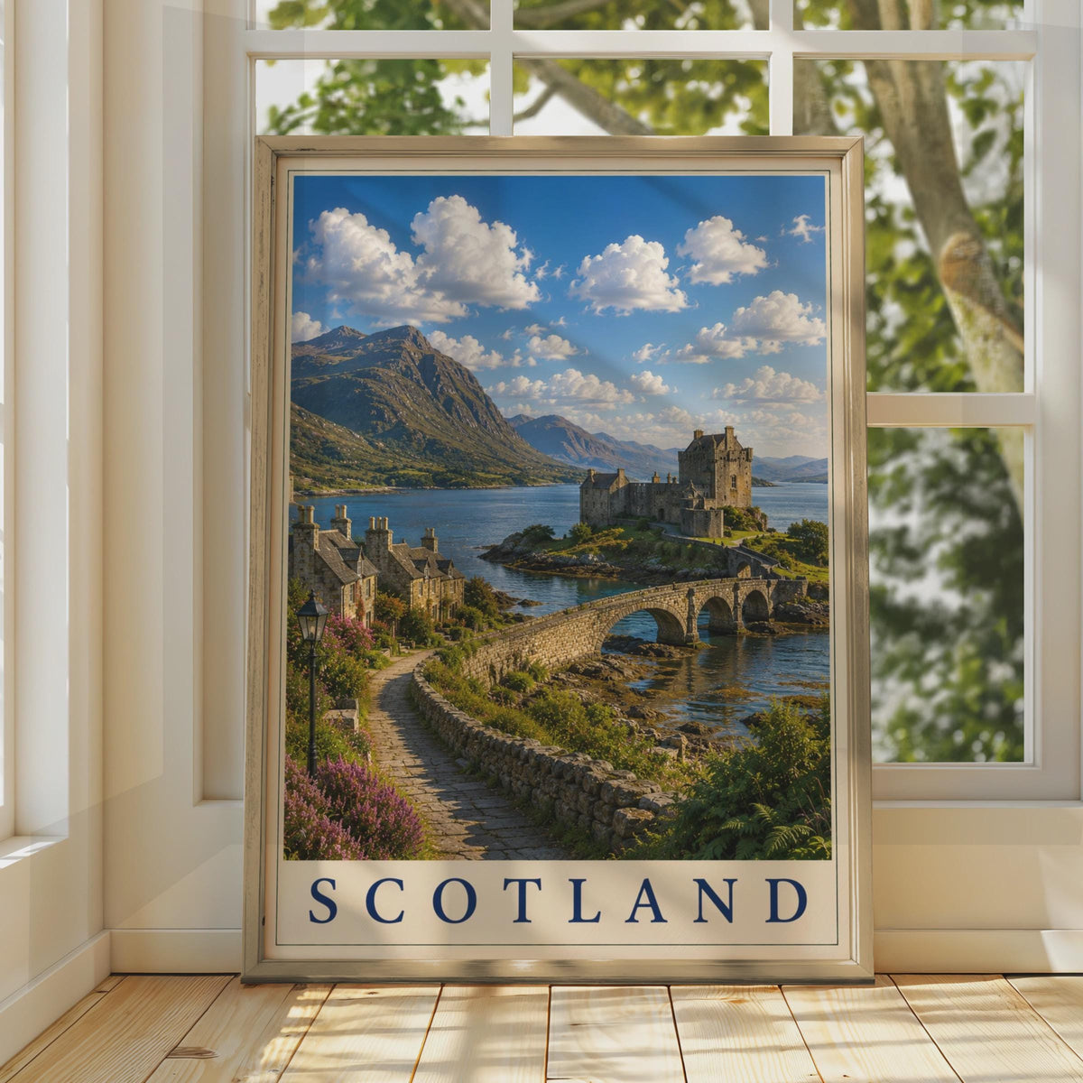 Scotland Castle Poster, Scottish Highlands Travel Wall Art, Eilean Donan Loch Print, Gift