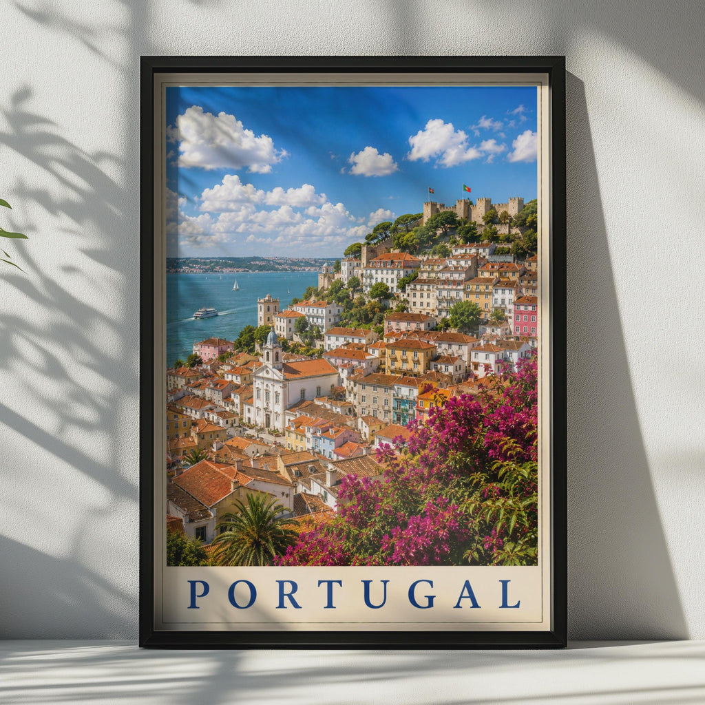 Portugal Travel Poster, Lisbon Castle Cityscape Wall Art, Colourful Retro Europe Print