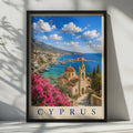 Cyprus Travel Poster, Mediterranean Harbour Wall Art, Greek Church, Bougainvillea Print