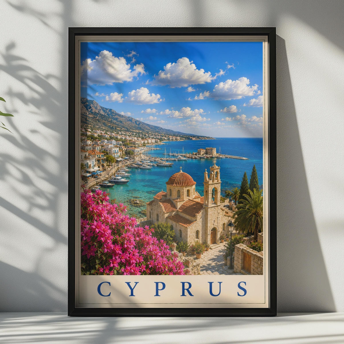 Cyprus Travel Poster, Mediterranean Harbour Wall Art, Greek Church, Bougainvillea Print