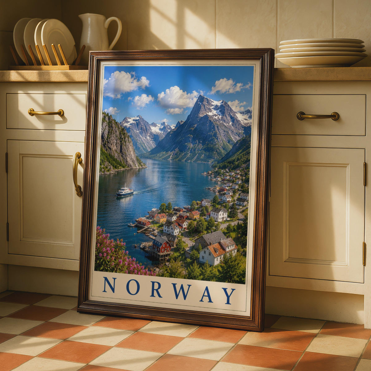 Norway Fjord Village Travel Poster, Scandinavian Mountain Wall Art, Nordic Print