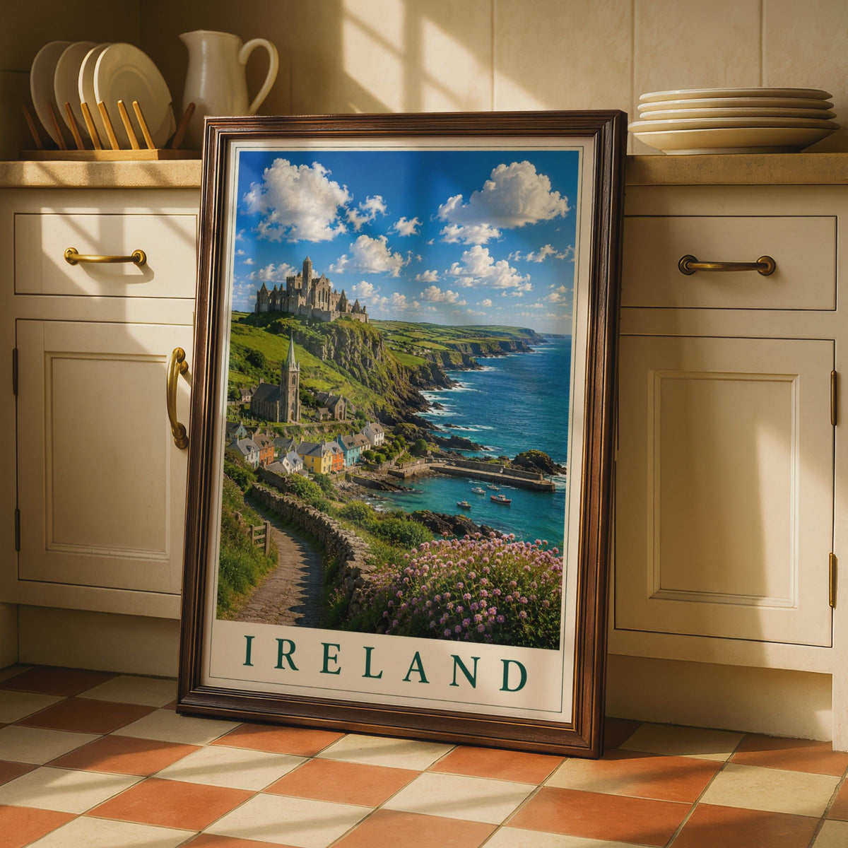 Ireland Travel Poster, Irish Coastal Village Castle Wall Art, Vintage Style Scenic Ireland Gift