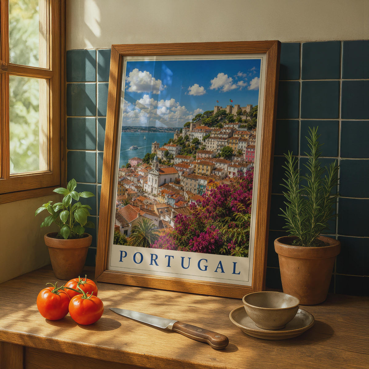 Portugal Travel Poster, Lisbon Castle Cityscape Wall Art, Colourful Retro Europe Print