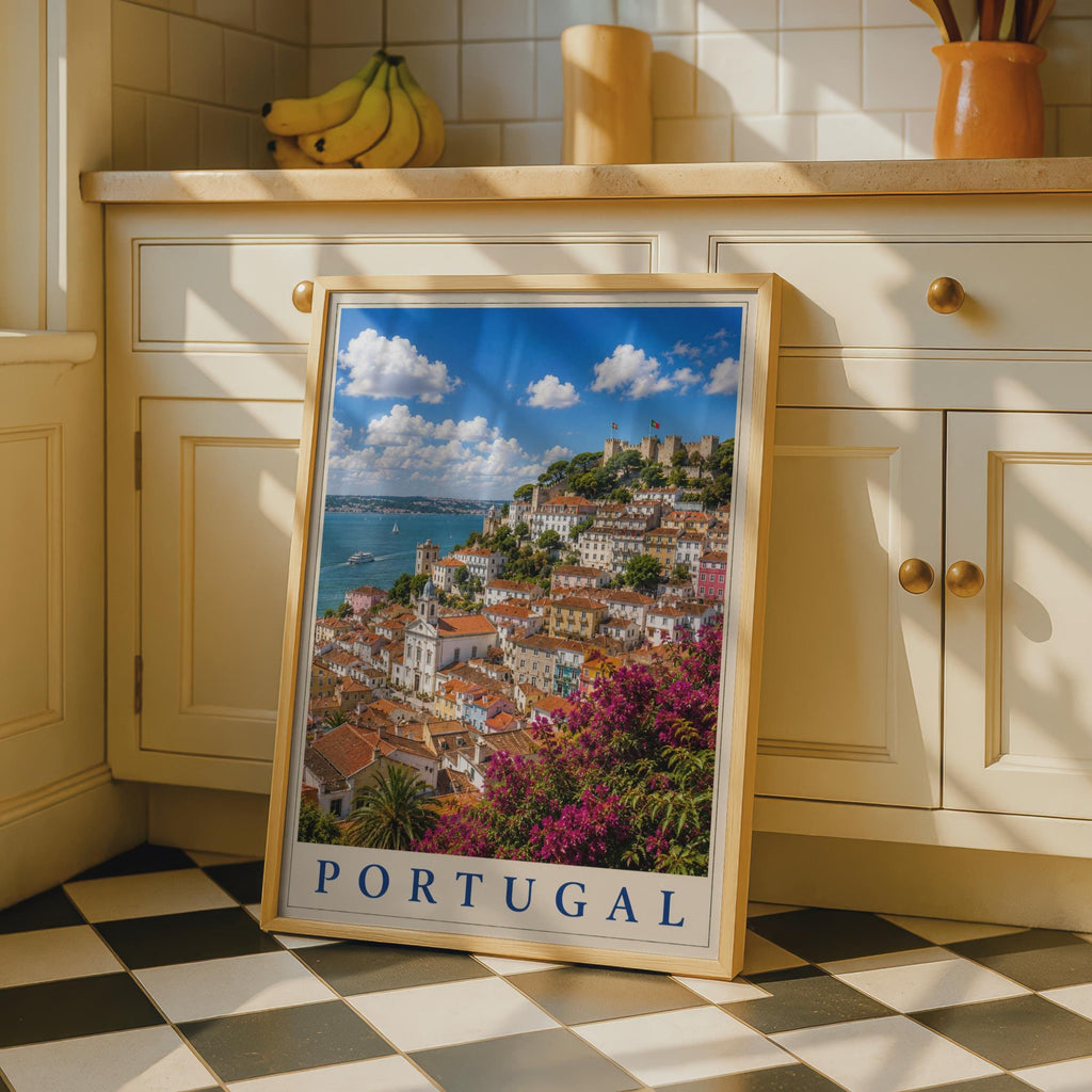 Portugal Travel Poster, Lisbon Castle Cityscape Wall Art, Colourful Retro Europe Print