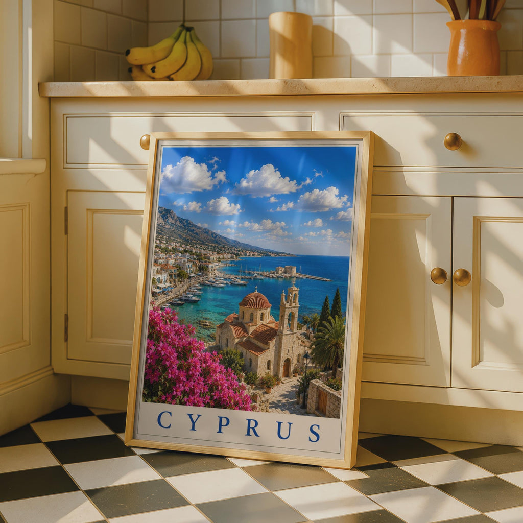 Cyprus Travel Poster, Mediterranean Harbour Wall Art, Greek Church, Bougainvillea Print