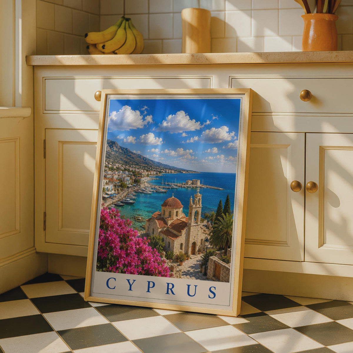 Cyprus Travel Poster, Mediterranean Harbour Wall Art, Greek Church, Bougainvillea Print