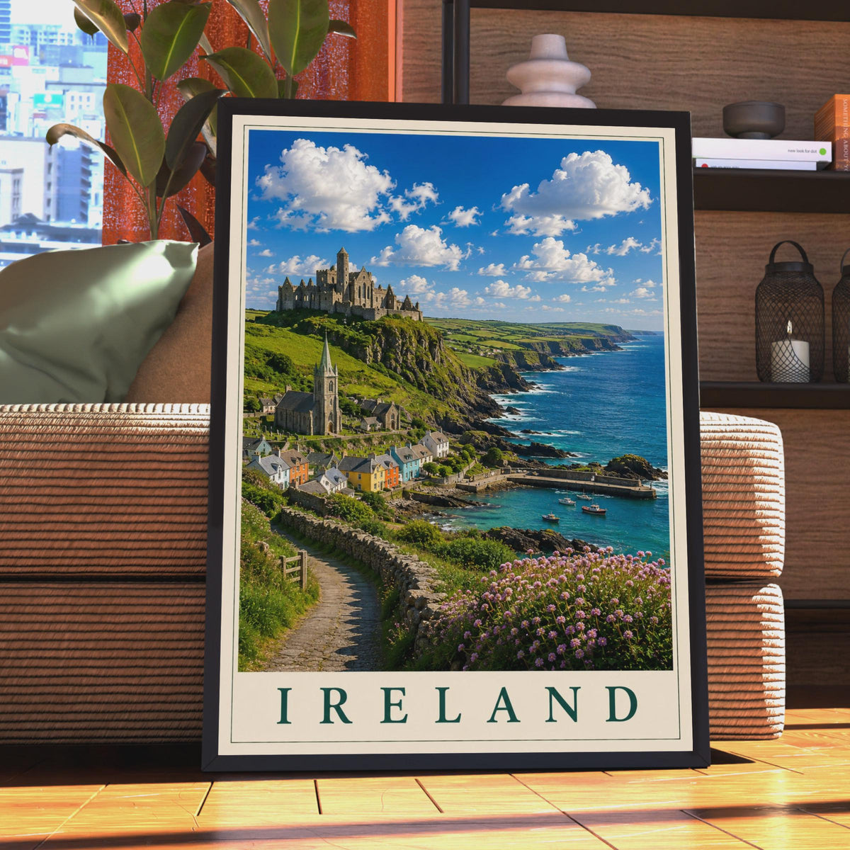 Ireland Travel Poster, Irish Coastal Village Castle Wall Art, Vintage Style Scenic Ireland Gift