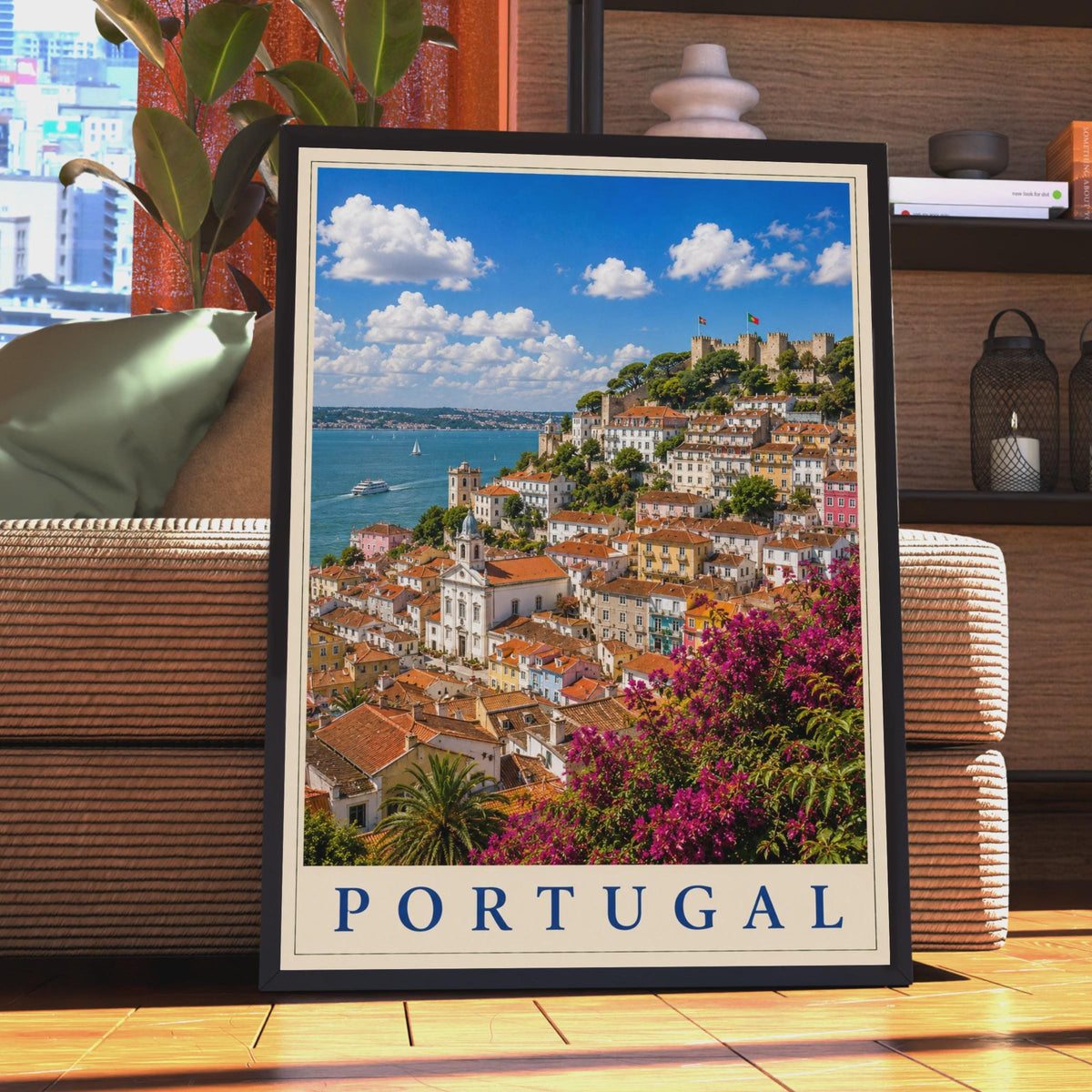 Portugal Travel Poster, Lisbon Castle Cityscape Wall Art, Colourful Retro Europe Print