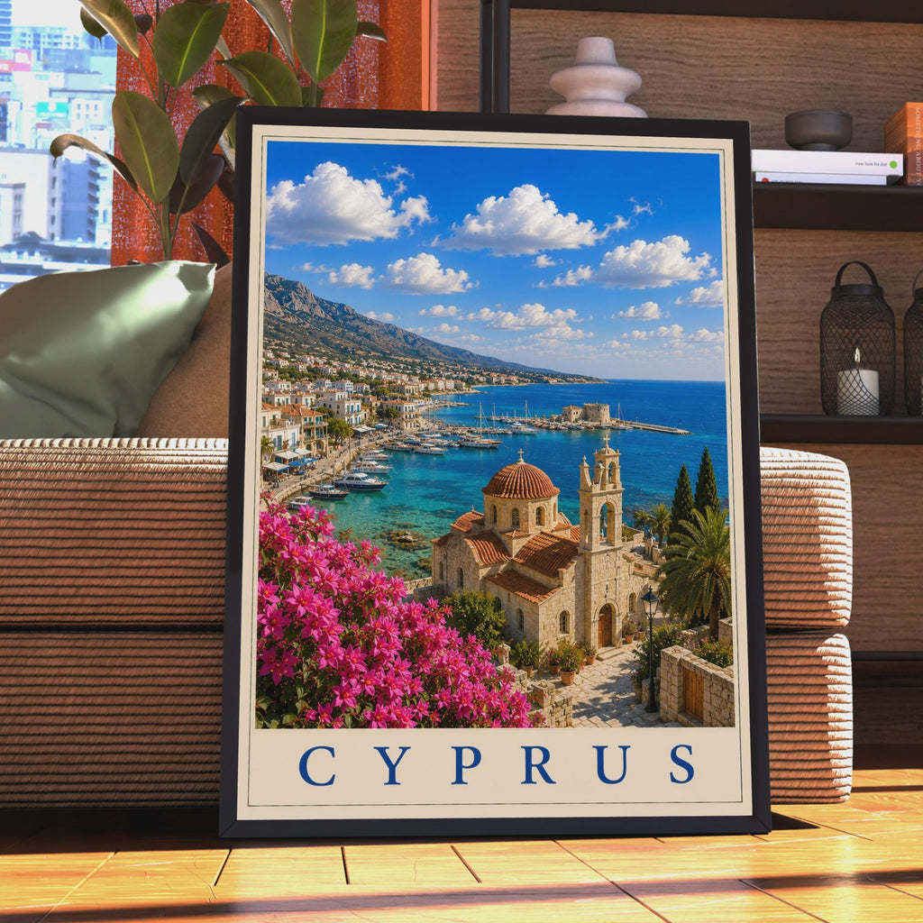 Cyprus Travel Poster, Mediterranean Harbour Wall Art, Greek Church, Bougainvillea Print