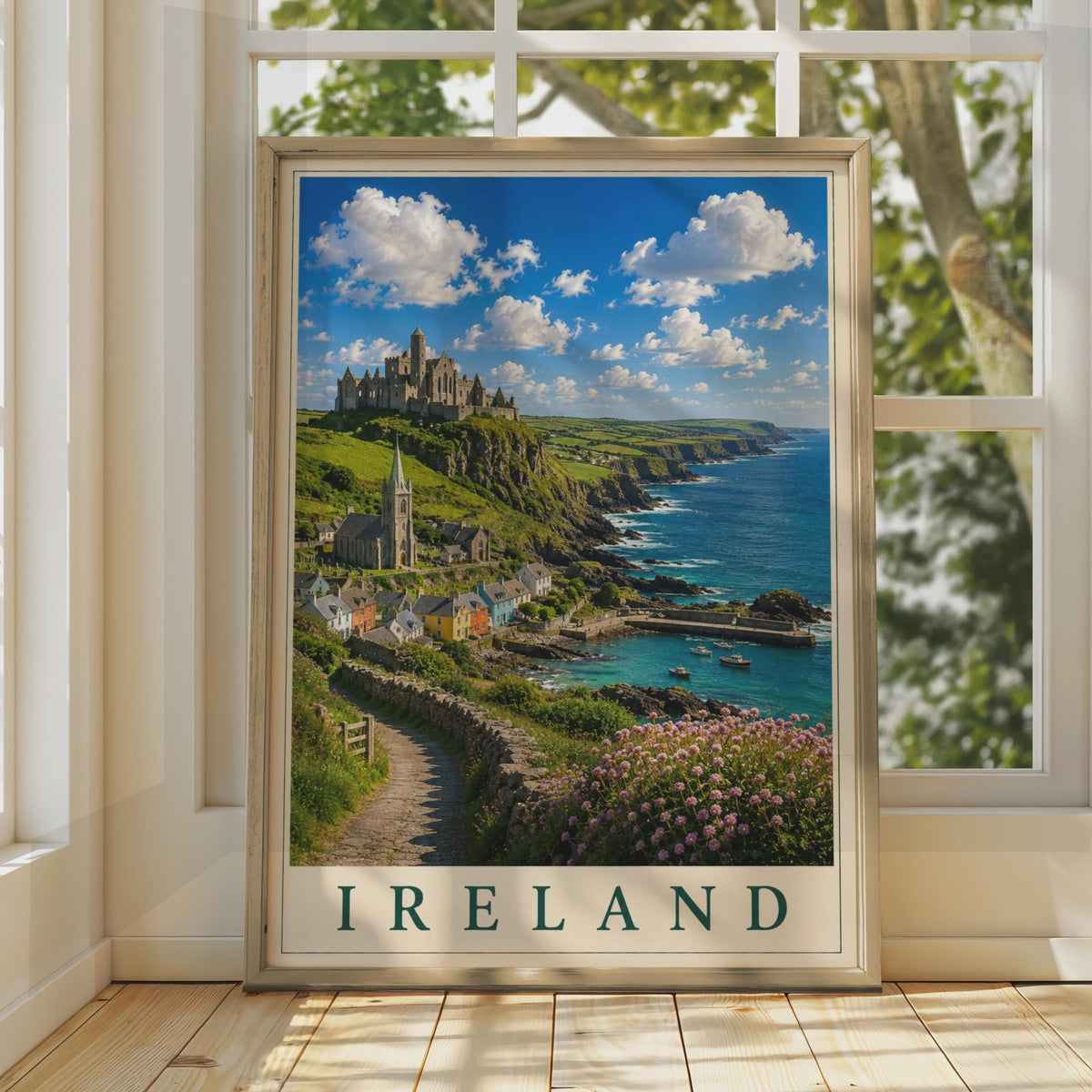 Ireland Travel Poster, Irish Coastal Village Castle Wall Art, Vintage Style Scenic Ireland Gift