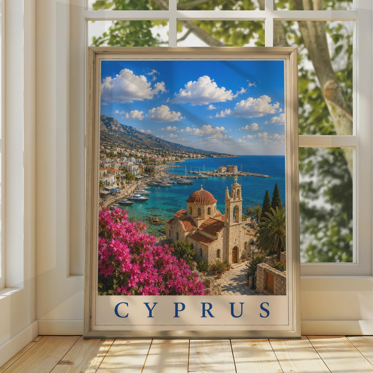 Cyprus Travel Poster, Mediterranean Harbour Wall Art, Greek Church, Bougainvillea Print