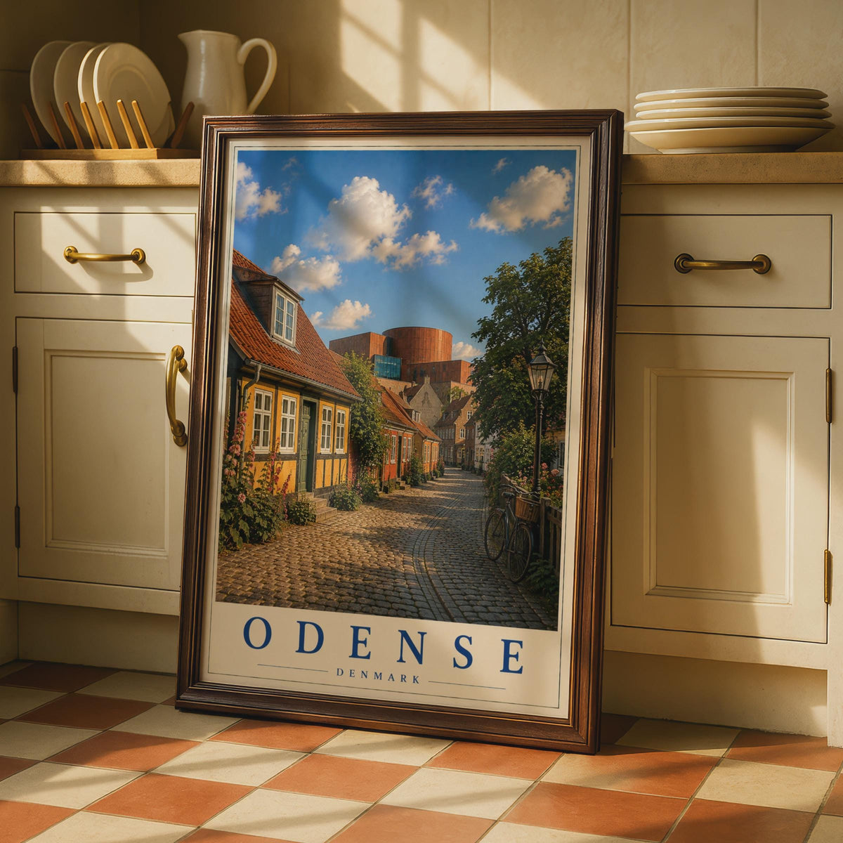 Odense Denmark Travel Poster, Danish Cobblestone Street Wall Art, Scandinavian City Print