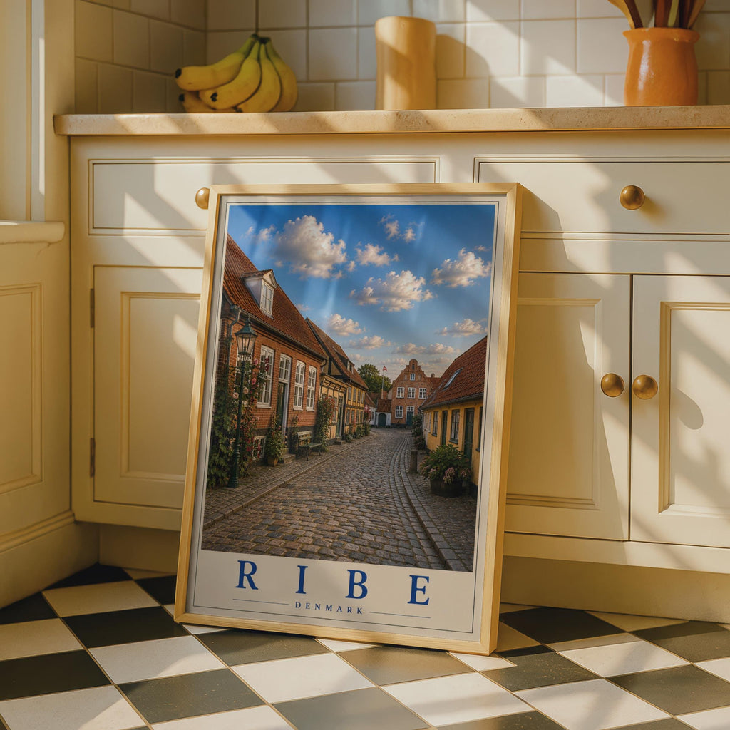 Ribe Denmark Travel Poster, Danish Cobblestone Street, Scandinavian City Wall Art