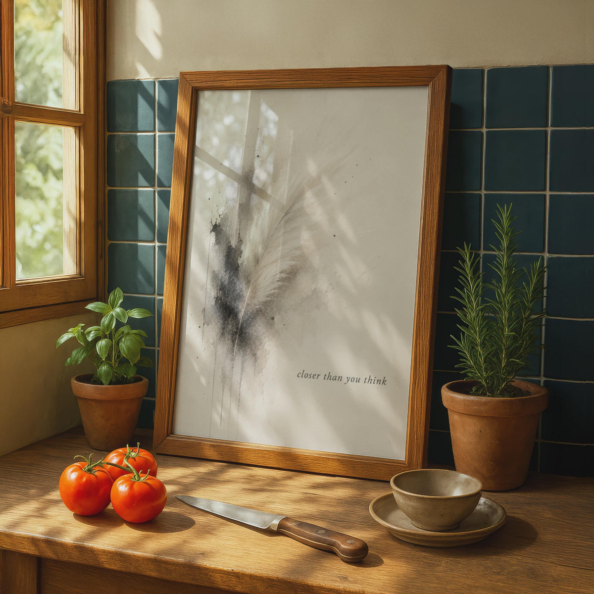 Feather Poster, Closer Than You Think, Spiritual Grief Remembrance Art (Watercolor)