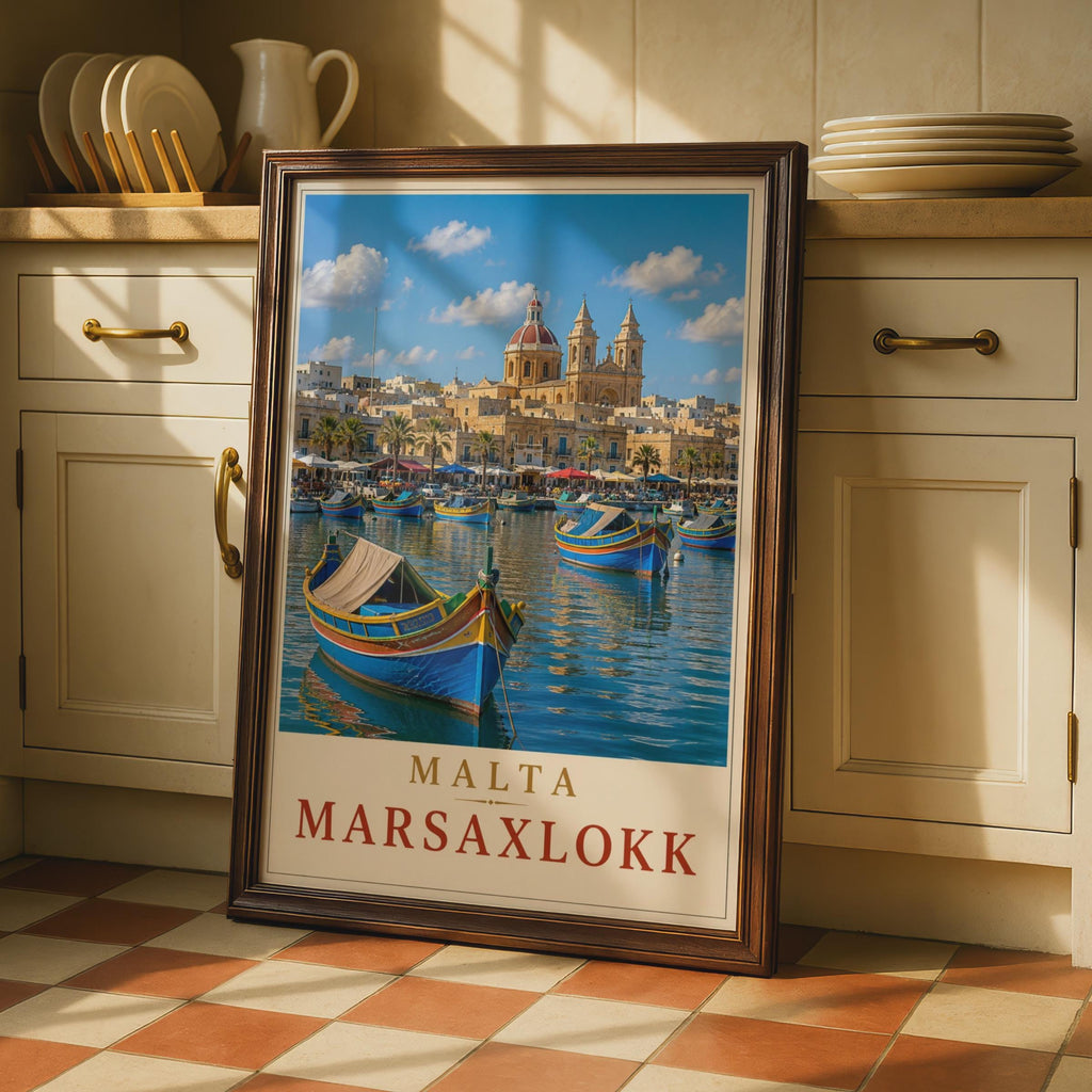 Marsaxlokk Malta Travel Poster, Luzzu Boats, Mediterranean Village Art Print