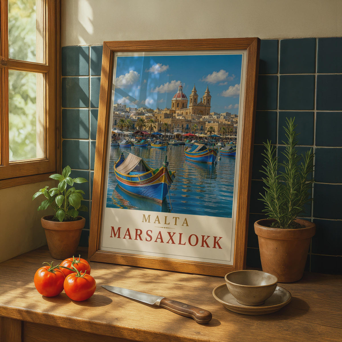Marsaxlokk Malta Travel Poster, Luzzu Boats, Mediterranean Village Art Print