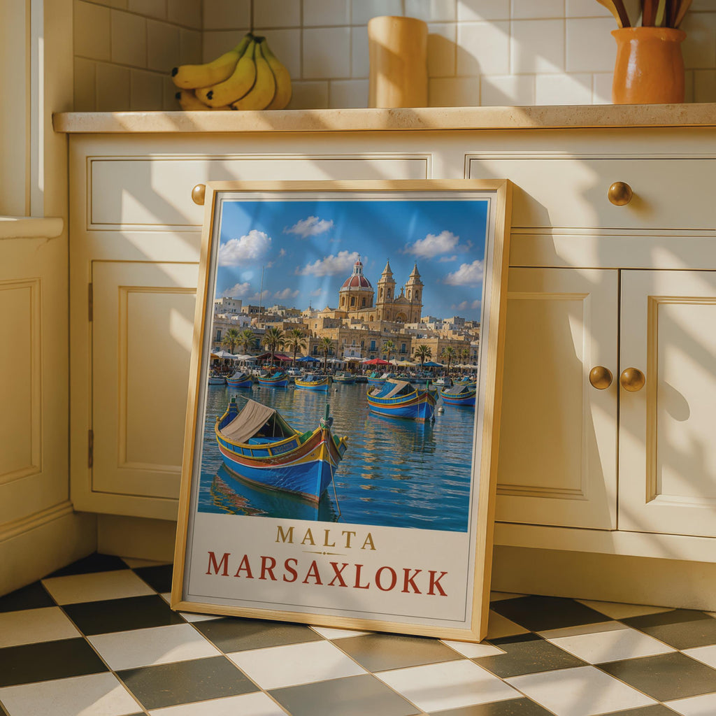 Marsaxlokk Malta Travel Poster, Luzzu Boats, Mediterranean Village Art Print