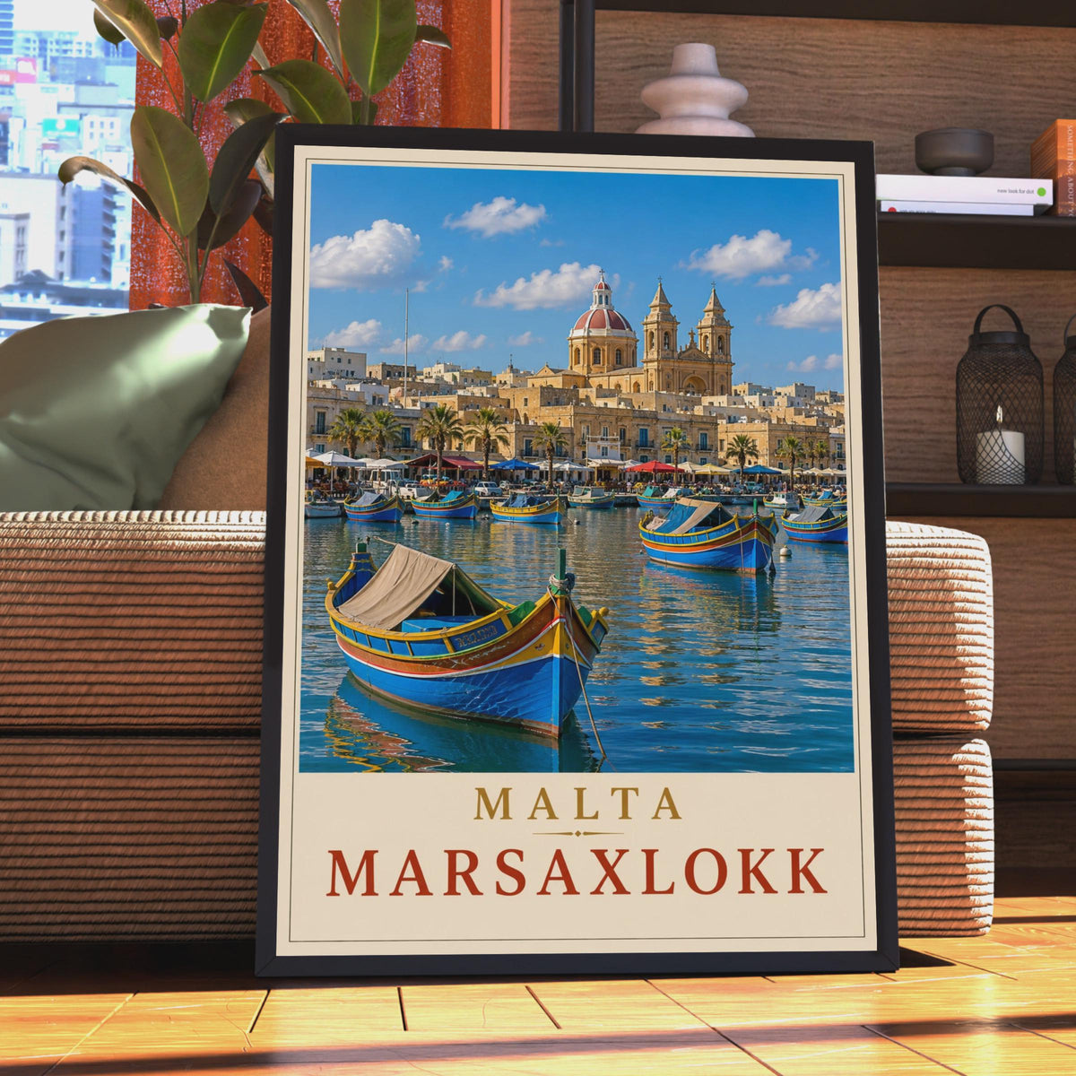 Marsaxlokk Malta Travel Poster, Luzzu Boats, Mediterranean Village Art Print