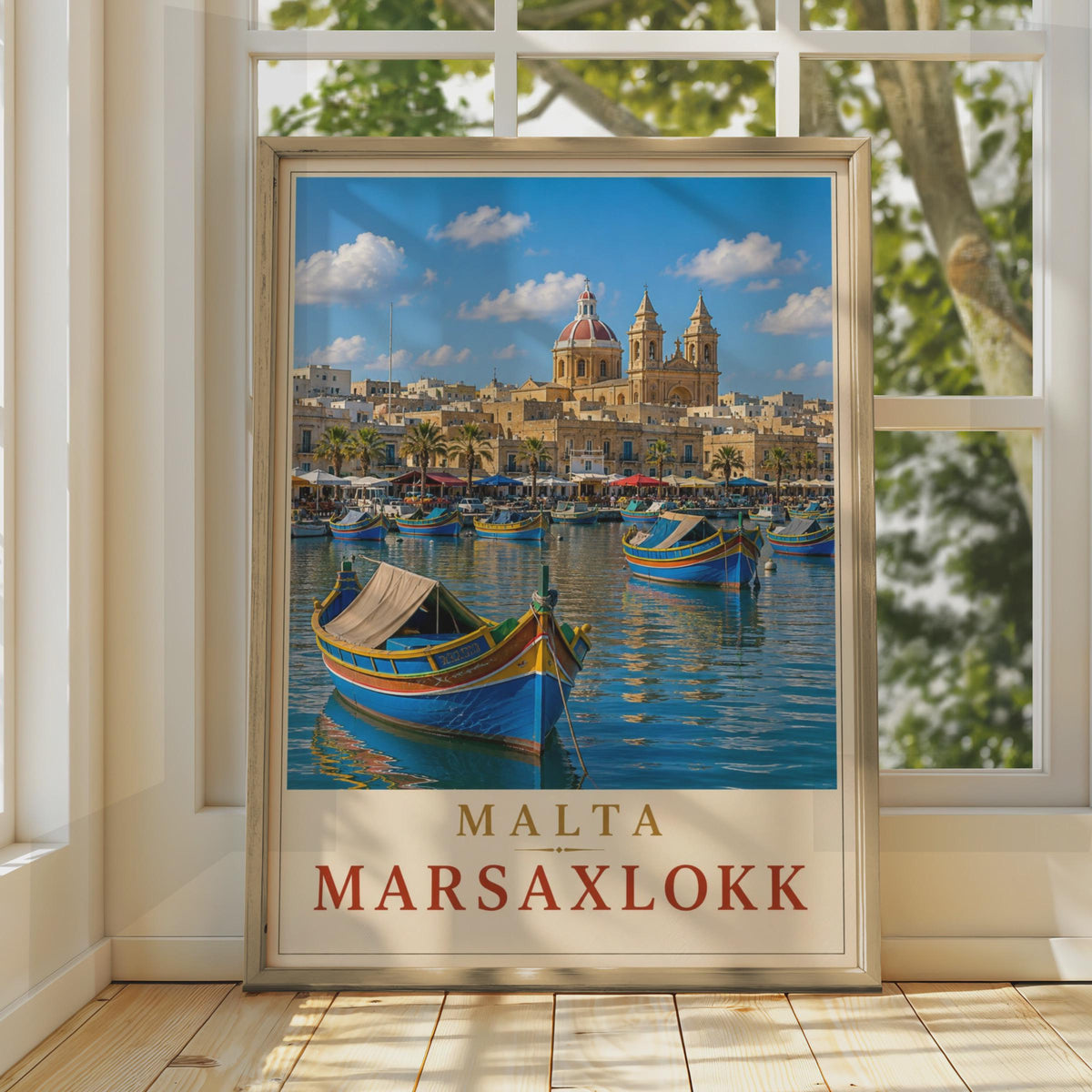 Marsaxlokk Malta Travel Poster, Luzzu Boats, Mediterranean Village Art Print