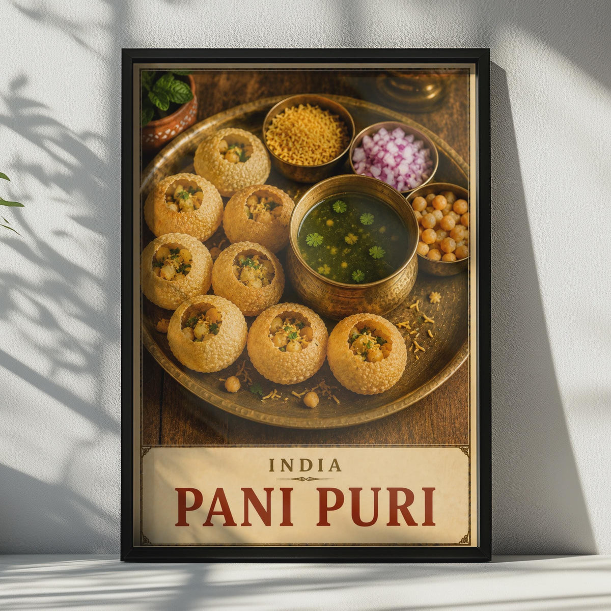Pani Puri Poster, Indian Street Food Photography, Brass Thali, Vintage Label Style (Print)
