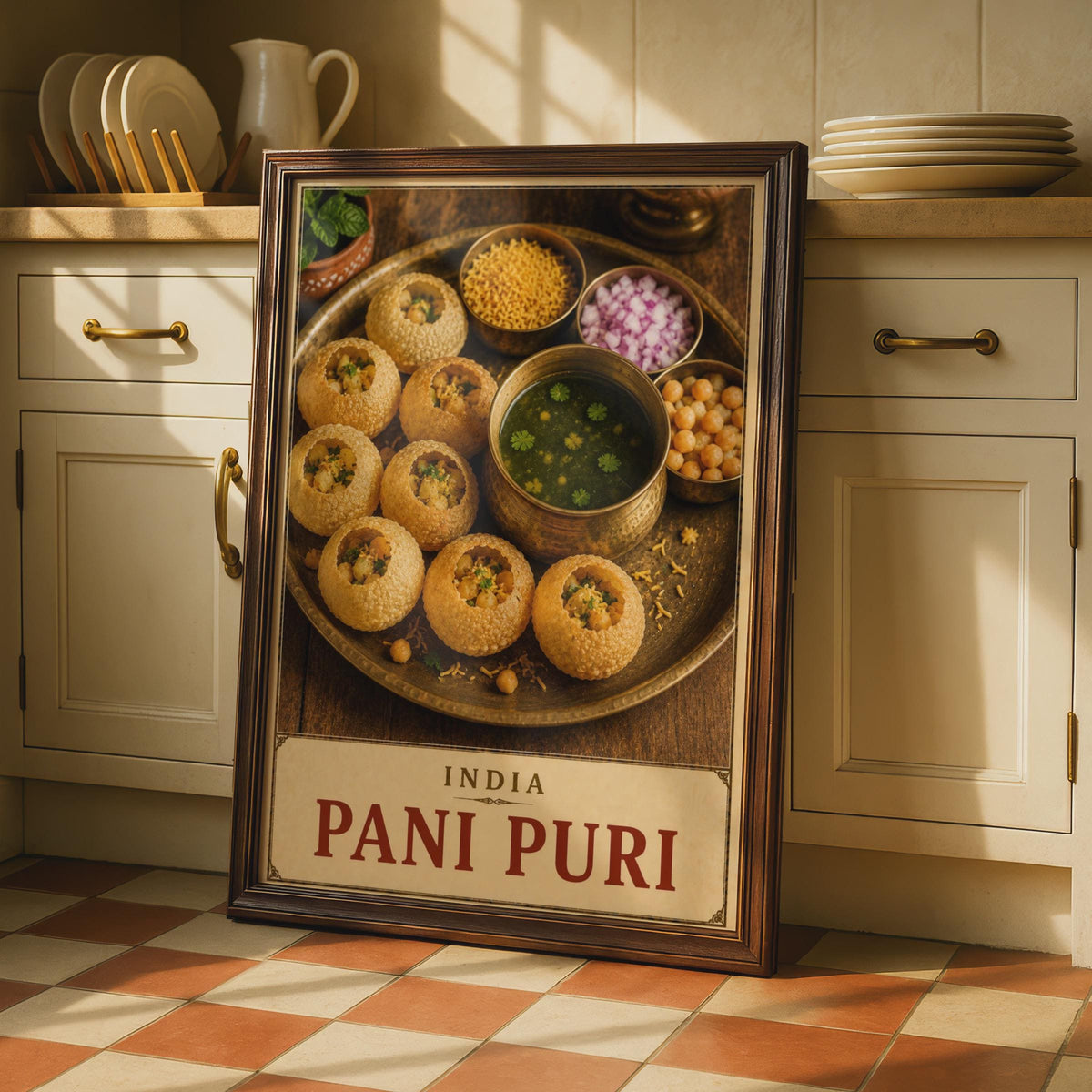 Pani Puri Poster, Indian Street Food Photography, Brass Thali, Vintage Label Style (Print)