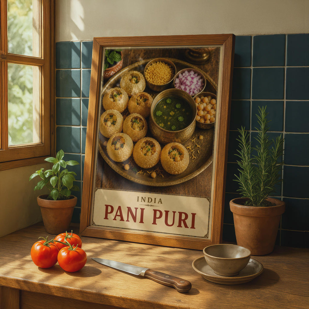 Pani Puri Poster, Indian Street Food Photography, Brass Thali, Vintage Label Style (Print)
