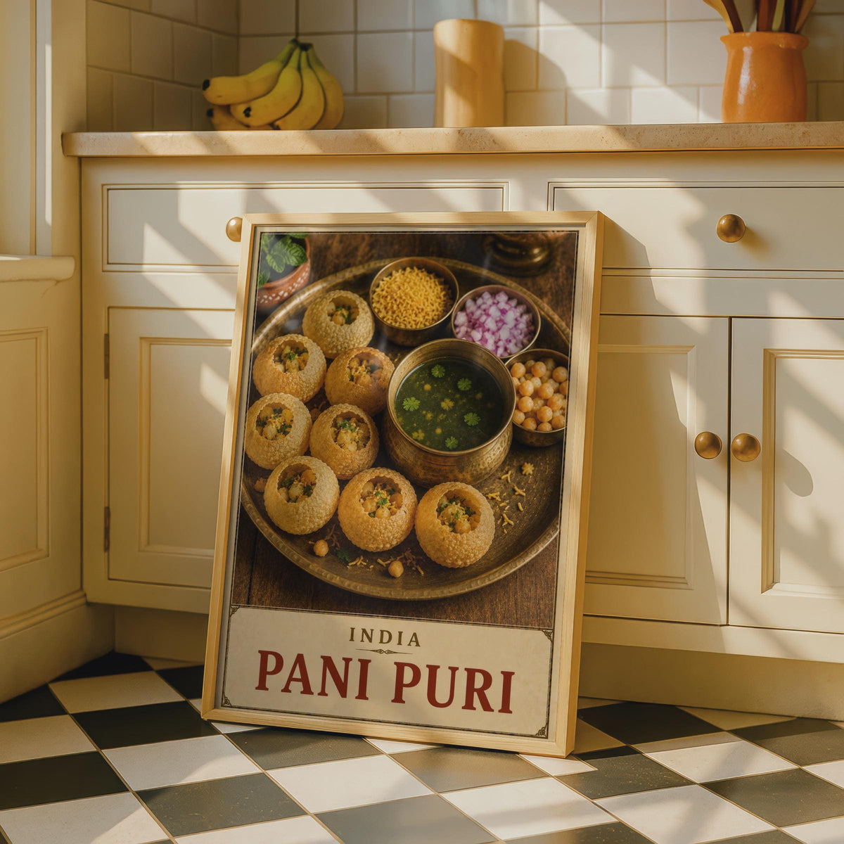 Pani Puri Poster, Indian Street Food Photography, Brass Thali, Vintage Label Style (Print)