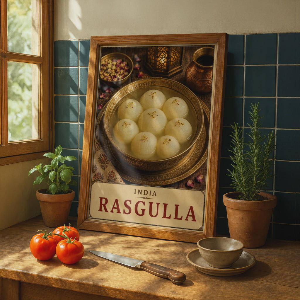 India Rasgulla Food Poster, Vintage Indian Sweet Dessert Art, Warm Tones (Print)