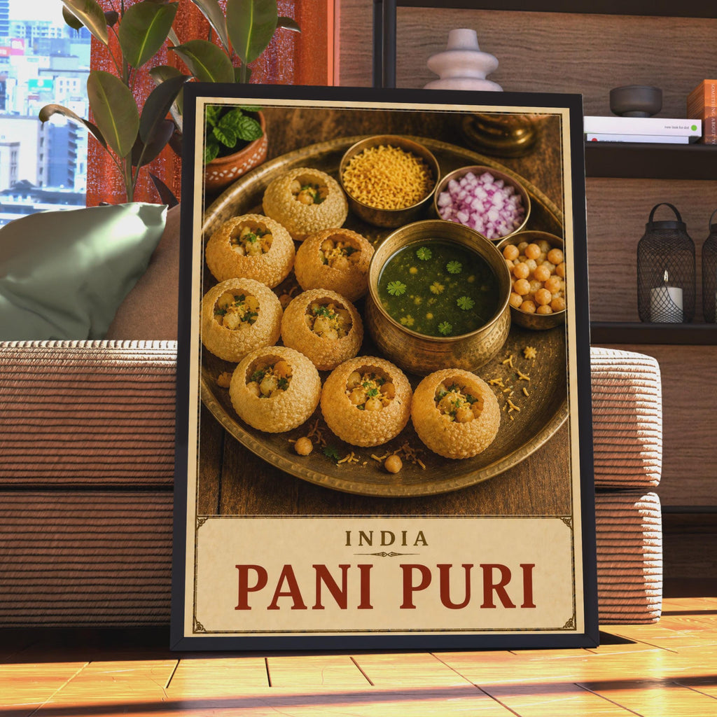 Pani Puri Poster, Indian Street Food Photography, Brass Thali, Vintage Label Style (Print)
