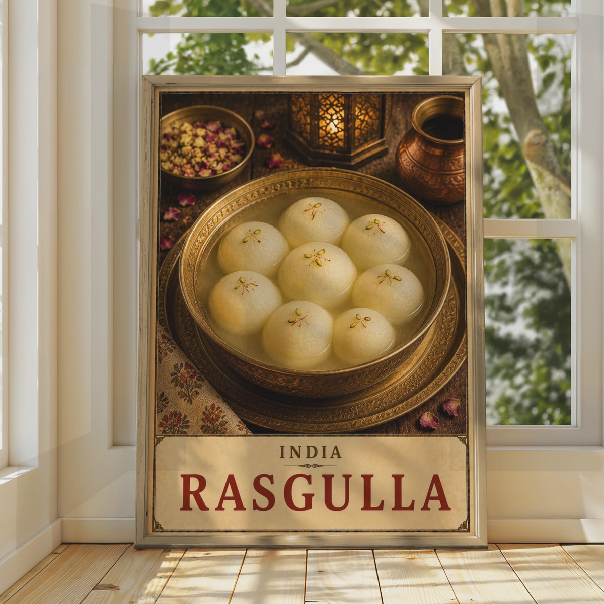 India Rasgulla Food Poster, Vintage Indian Sweet Dessert Art, Warm Tones (Print)
