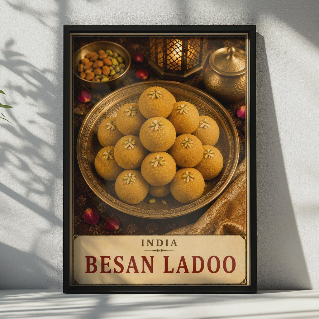 Besan Ladoo India Food Poster, Golden Sweet Dessert Wall Art, South Asian Cuisine Gift