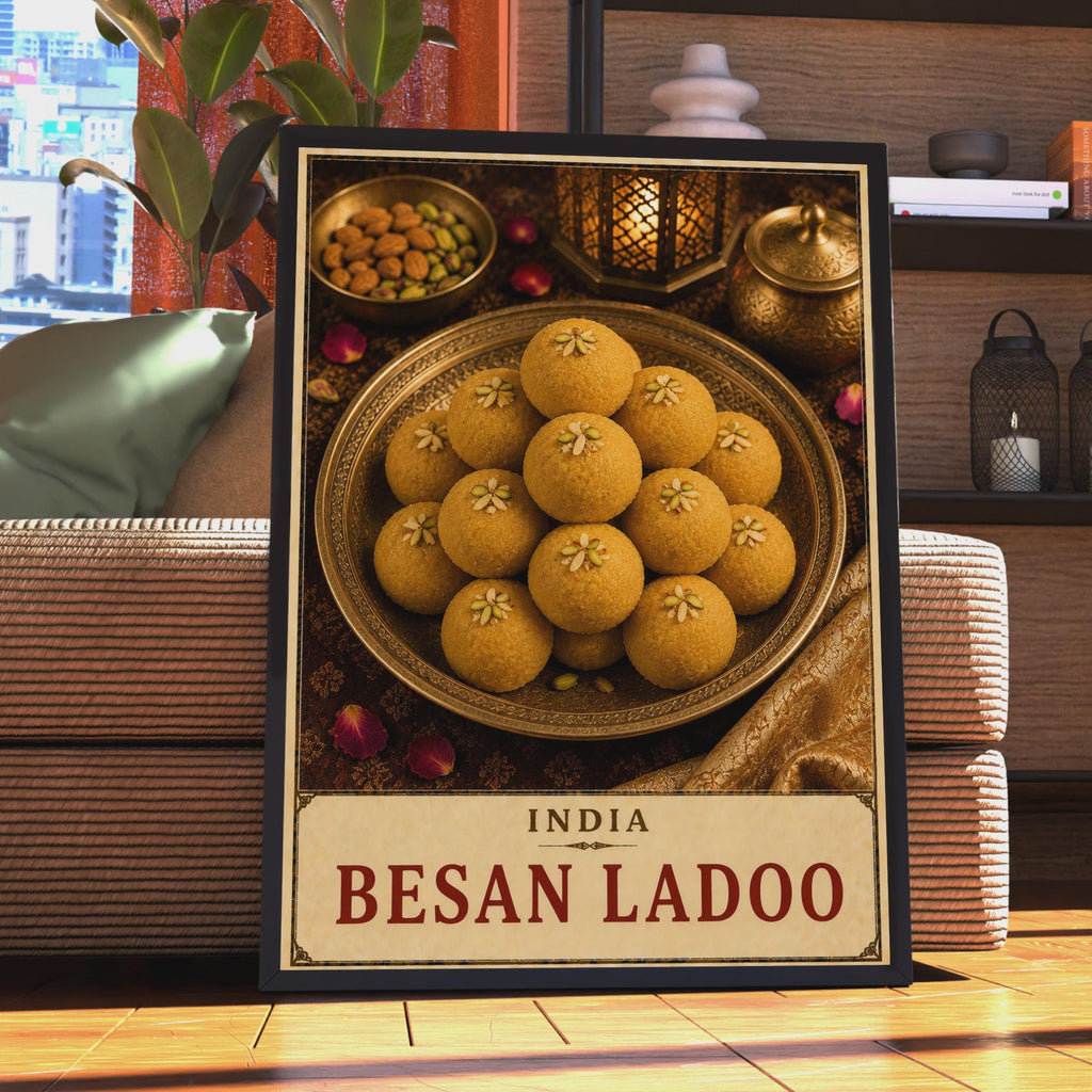 Besan Ladoo India Food Poster, Golden Sweet Dessert Wall Art, South Asian Cuisine Gift