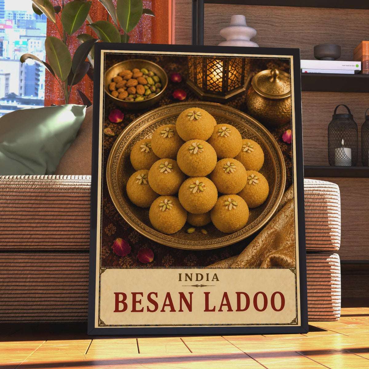 Besan Ladoo India Food Poster, Golden Sweet Dessert Wall Art, South Asian Cuisine Gift