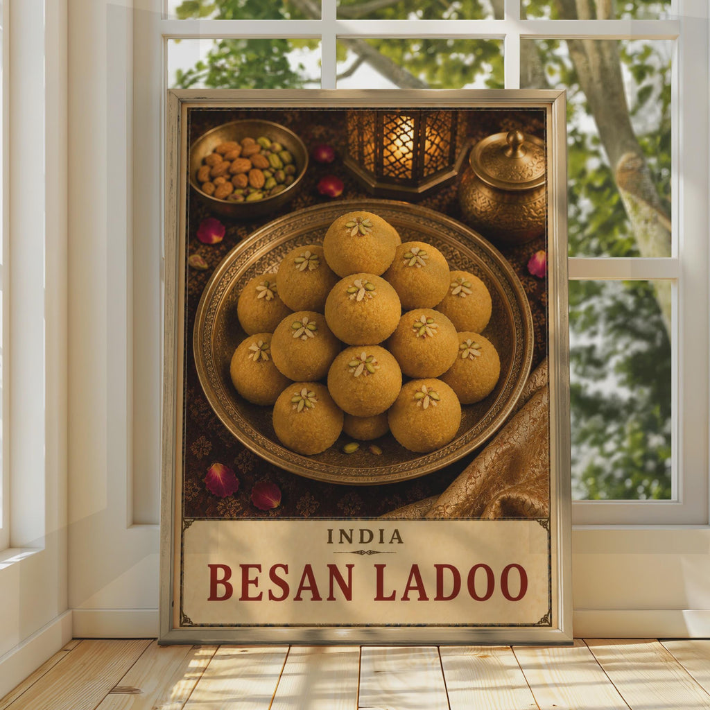 Besan Ladoo India Food Poster, Golden Sweet Dessert Wall Art, South Asian Cuisine Gift