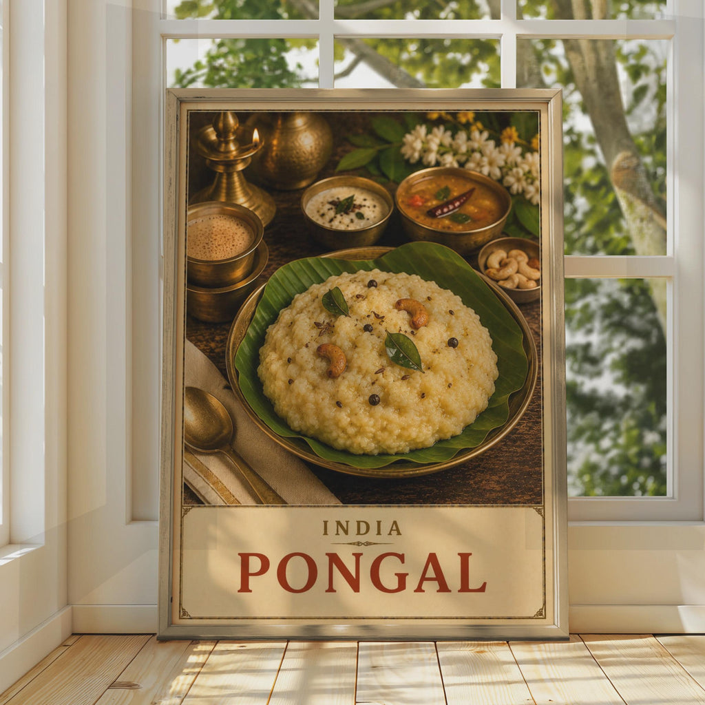 India Pongal Food Poster, South Indian Cuisine Wall Art, Tamil Festival Print (Vintage Style)