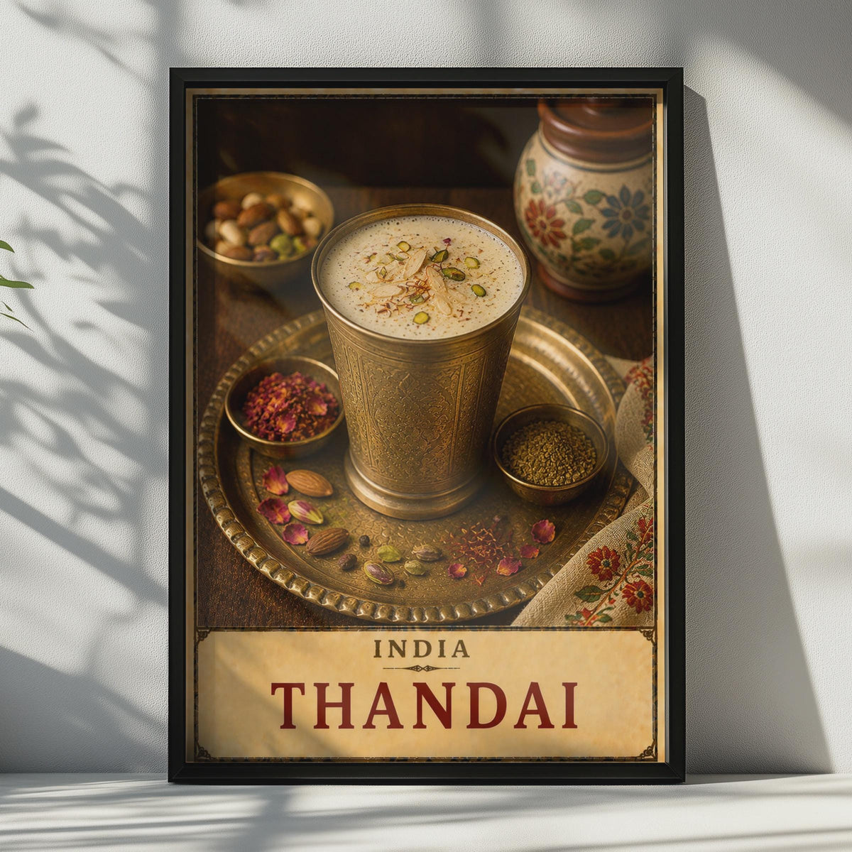 Thandai India Drink Poster, Spiced Milk, Brass Cup, South Asian Cuisine Art