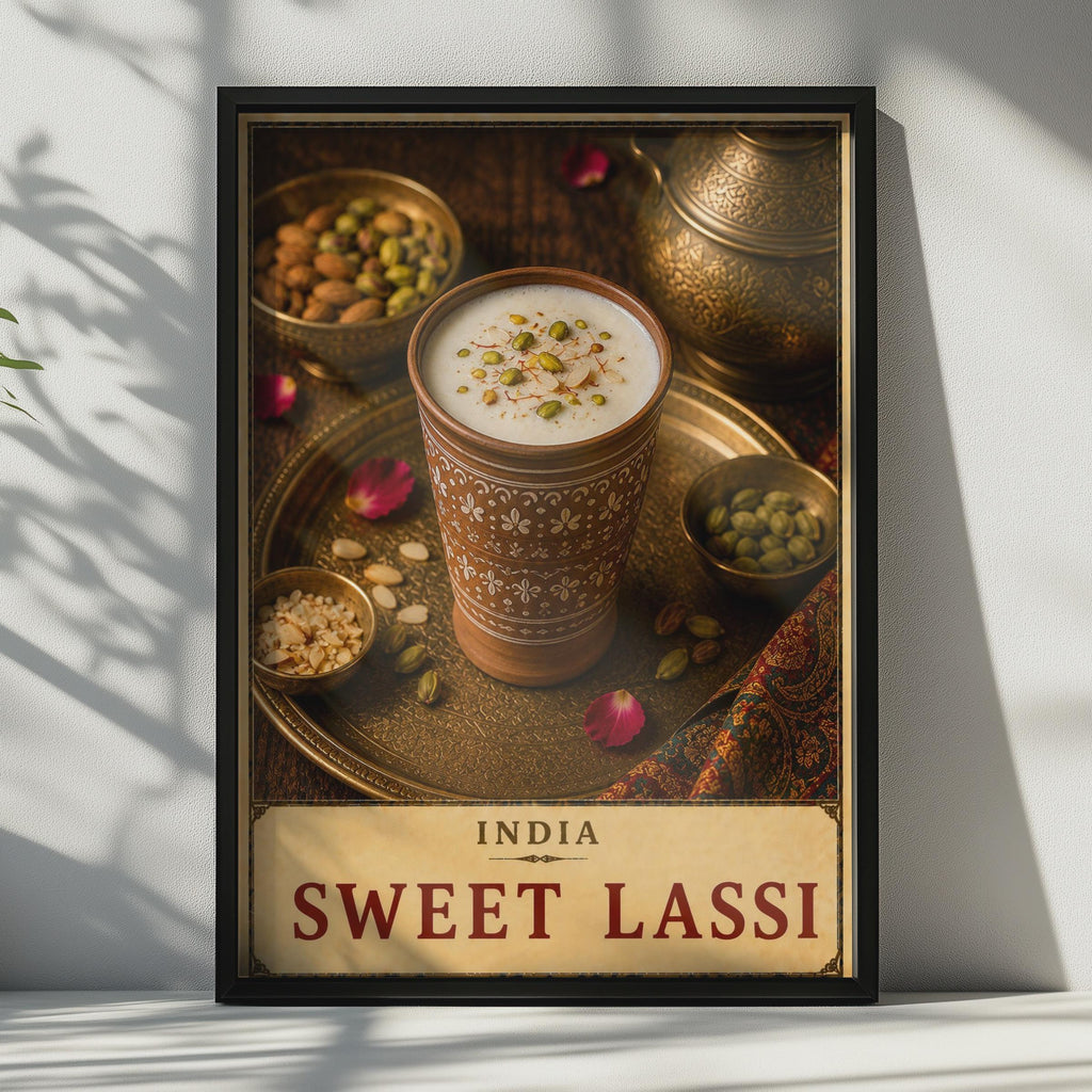 India Sweet Lassi Poster, Hand-Painted Terracotta Cup, Saffron Pistachio Garnish, Vintage Style Food Print