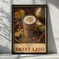 India Sweet Lassi Poster, Hand-Painted Terracotta Cup, Saffron Pistachio Garnish, Vintage Style Food Print